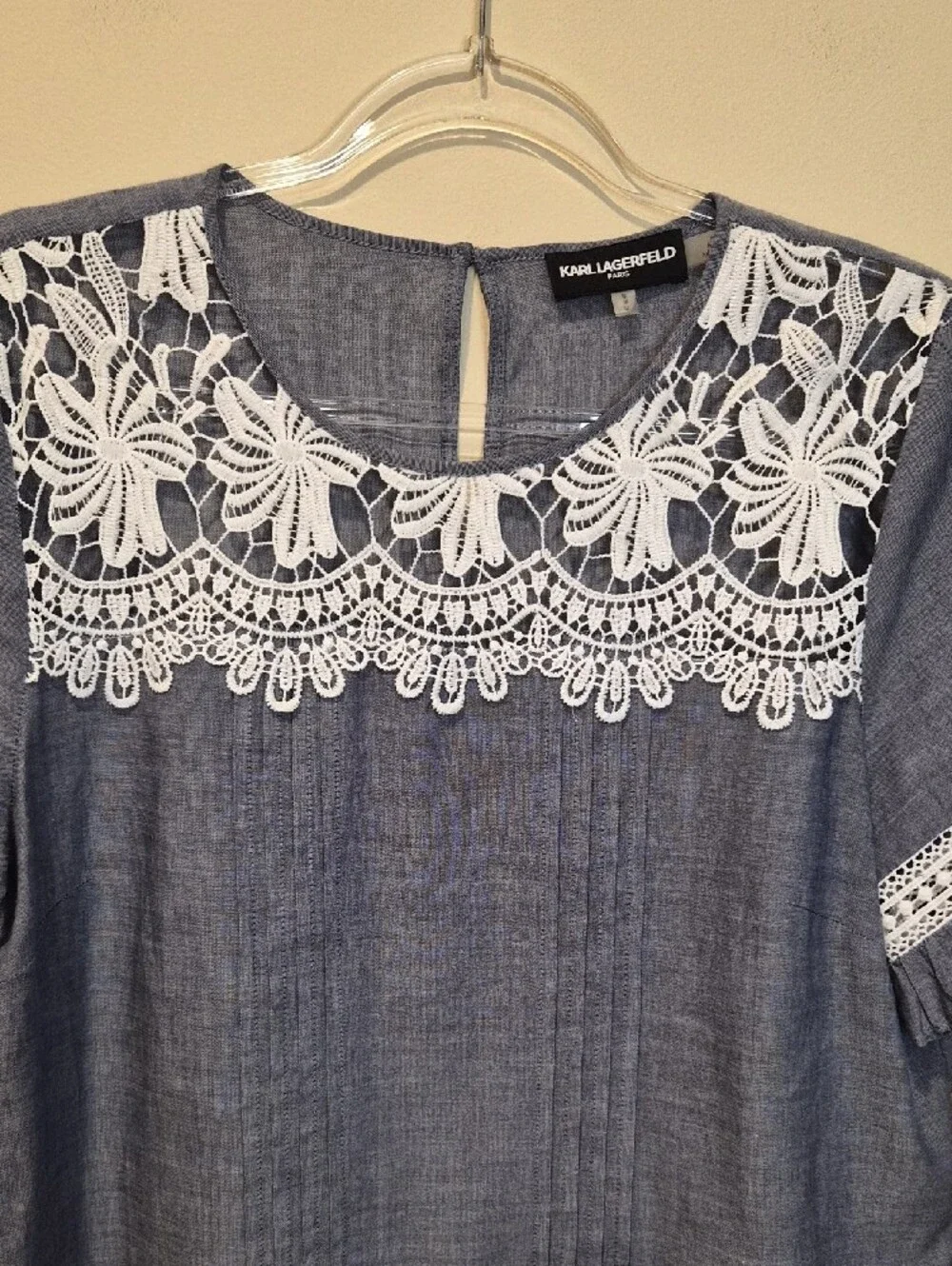 Karl Lagerfeld Cotton Blue Chambray Lace-Yoke Short Sleeve Blouse